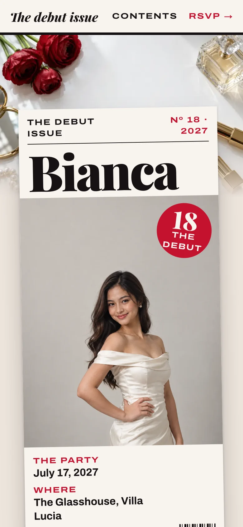 Invita’s Copertina theme on a phone: a magazine-cover debut invitation with a portrait and the party details.