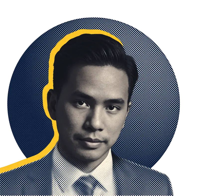 Halftone portrait of Romnick Sarmiento in a dark suit and striped tie, looking at the camera.